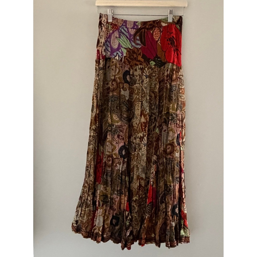 Anu by Natural Boho Patchwork Floral Paisley Rayon Maxi Skirt Small Brown Gypsy